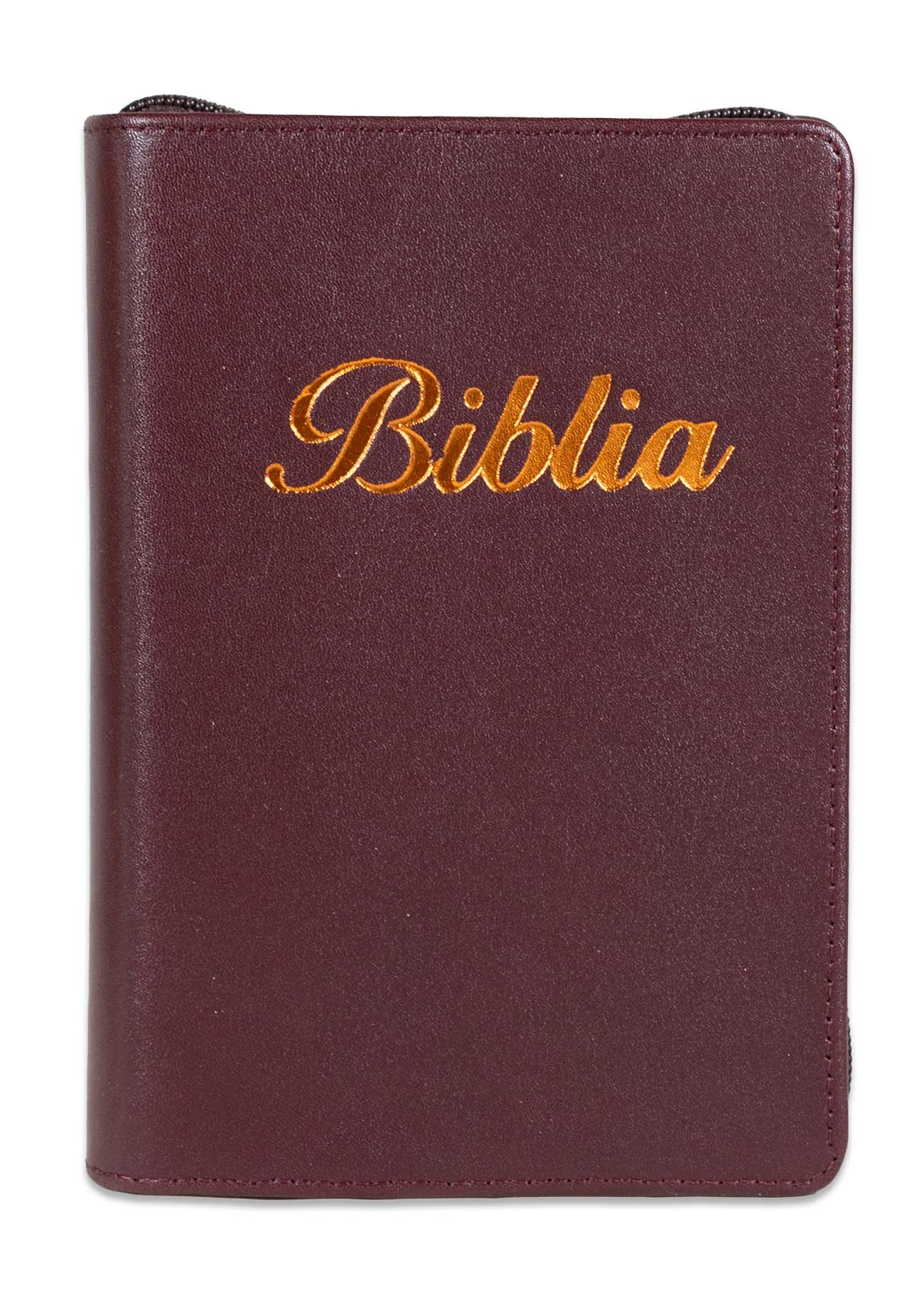 Biblia marime mica, visiniu inchis, piele, fermoar, margini argintii, index, cuv. lui Isus cu rosu [047 PFI]