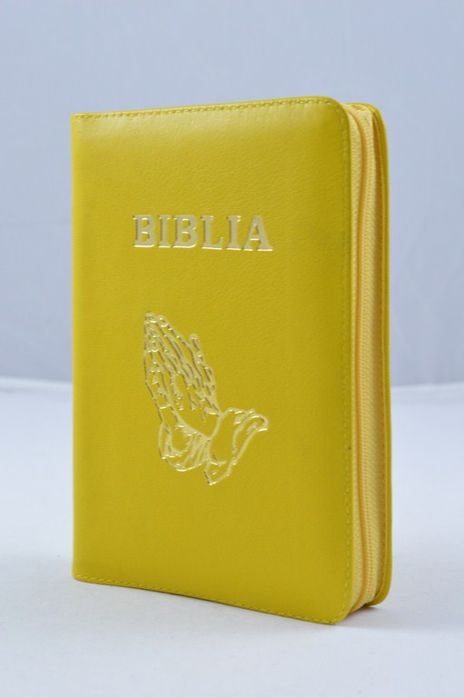 Biblia format mic, din piele, culoare galbena, index, fermoar, margini aurii, cu maini in ruga, cuv. lui Isus in rosu [047 PFI]