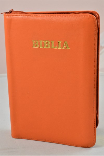 Biblia din piele, medie, portocaliu, fermoar, aurita, cuv. lui Isus cu rosu [052]