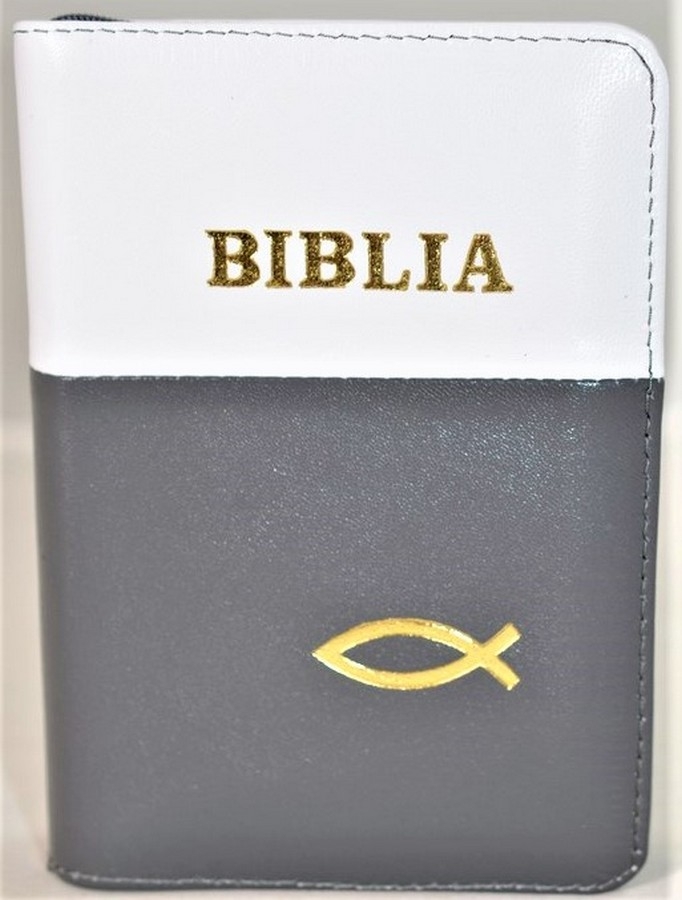 Biblie din piele, mica, alba cu gri inchis, fermoar, margini albe, simbolul peste, cuv. lui Isus in rosu [043 PF]