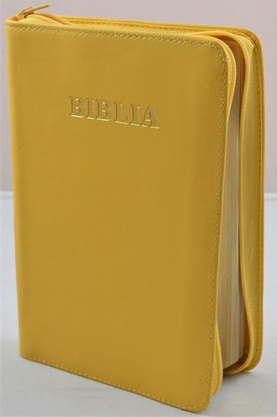 Biblia din piele, medie, galbena, fermoar, aurita, cuv. lui Isus cu rosu [052]