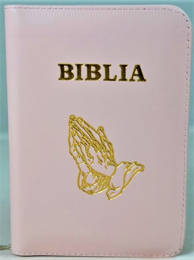 Biblia format mic, din piele, culoare roz deschis, index, fermoar, margini argintii, simbolul maini in ruga, cuv. lui Isus in rosu [047 PFI]