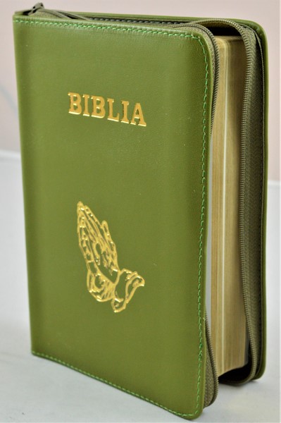 Biblia din piele, medie, verde, fermoar, aurita, simbolul maini in ruga, cuv. lui Isus cu rosu [052]