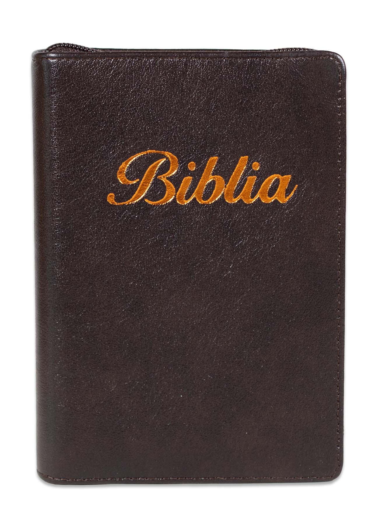 Biblia marime mica, maro cu forme, piele, fermoar, margini argintii, index, cuv. lui Isus cu rosu [047 PFI]