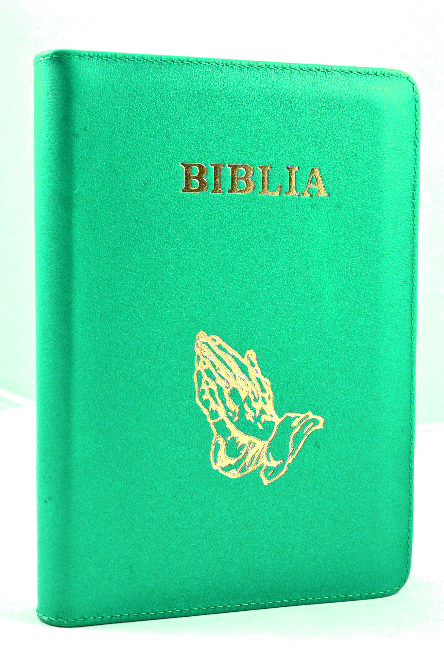 Biblia din piele, marime medie,verde turcoaz, fermoar, simbol maini in ruga, cuv. lui Isus cu rosu [053]