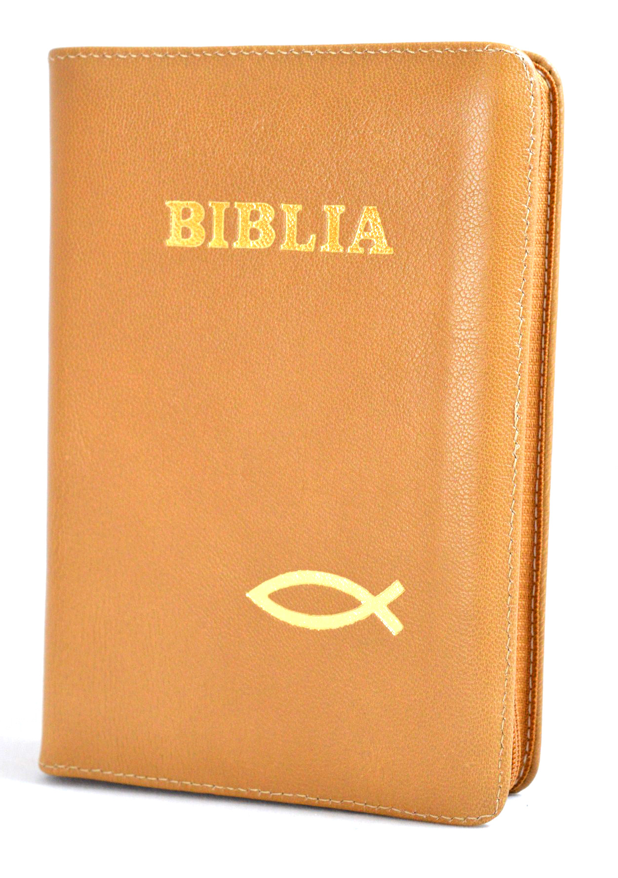 Biblie marime mica, din piele, culoare bej, simbol peste, fermoar [043 PF]
