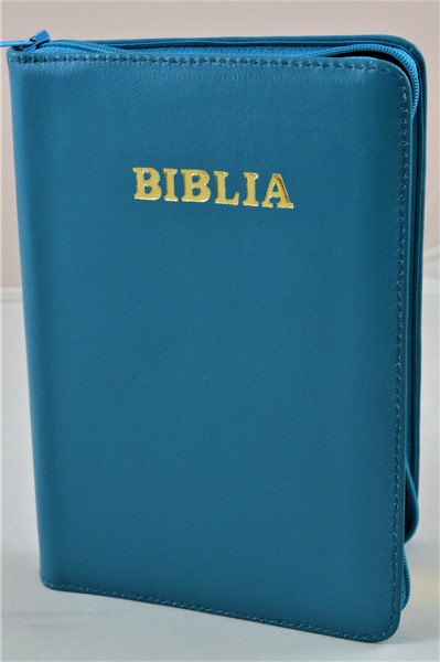Biblia din piele, medie, albastră, fermoar, aurita, cuv. lui Isus cu rosu [052]