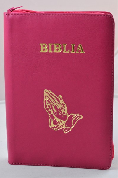 Biblia din piele, medie, roz, fermoar, aurita, simbolul maini in ruga, cuv. lui Isus cu rosu [052]