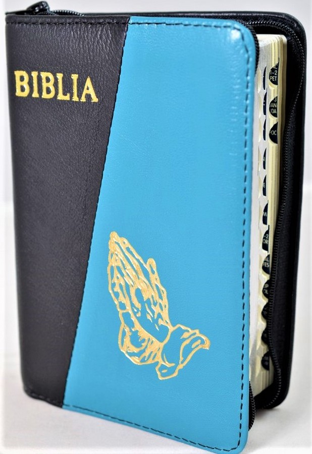 Biblia format mic, din piele, culoare negru/turcoaz, index, fermoar, margini argintii, simbolul maini in ruga, cuv. lui Isus in rosu [047 PFI]