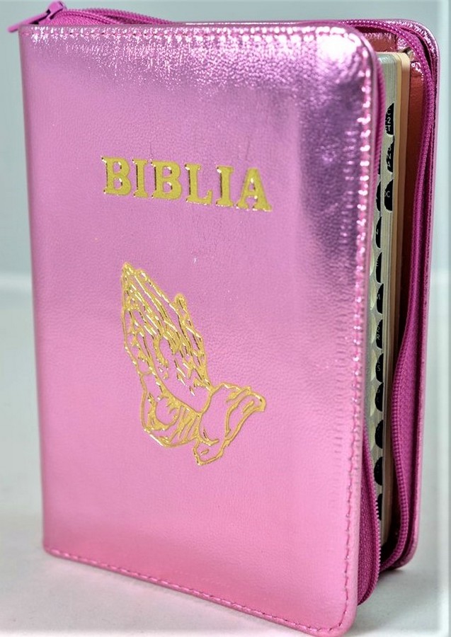Biblia format mic, din piele, culoare roz sidefat, index, fermoar, margini argintii, simbolul maini in ruga, cuv. lui Isus in rosu [047 PFI]