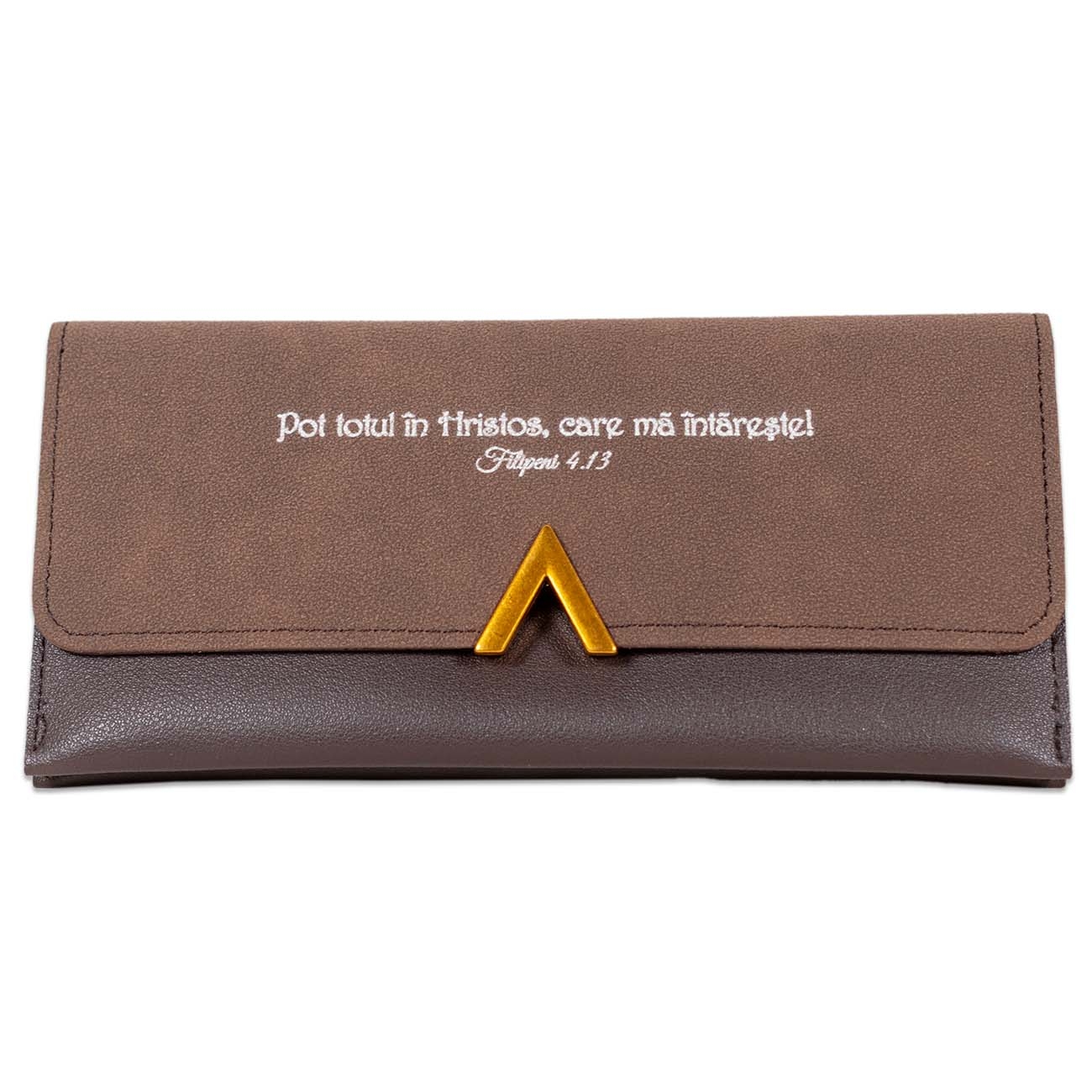 Portofel damă, maro, cu capsa - "Pot totul in Hristos, care ma intareste!" Portofel damă, maro, cu capsa - "Pot totul in Hristos, care ma intareste!"