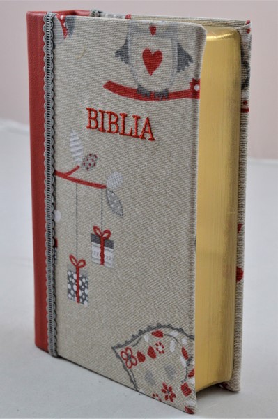 Biblia handmade, marime medie, coperta cartonata textila, motiv - bufnita, margini aurii [SI 052 HM]