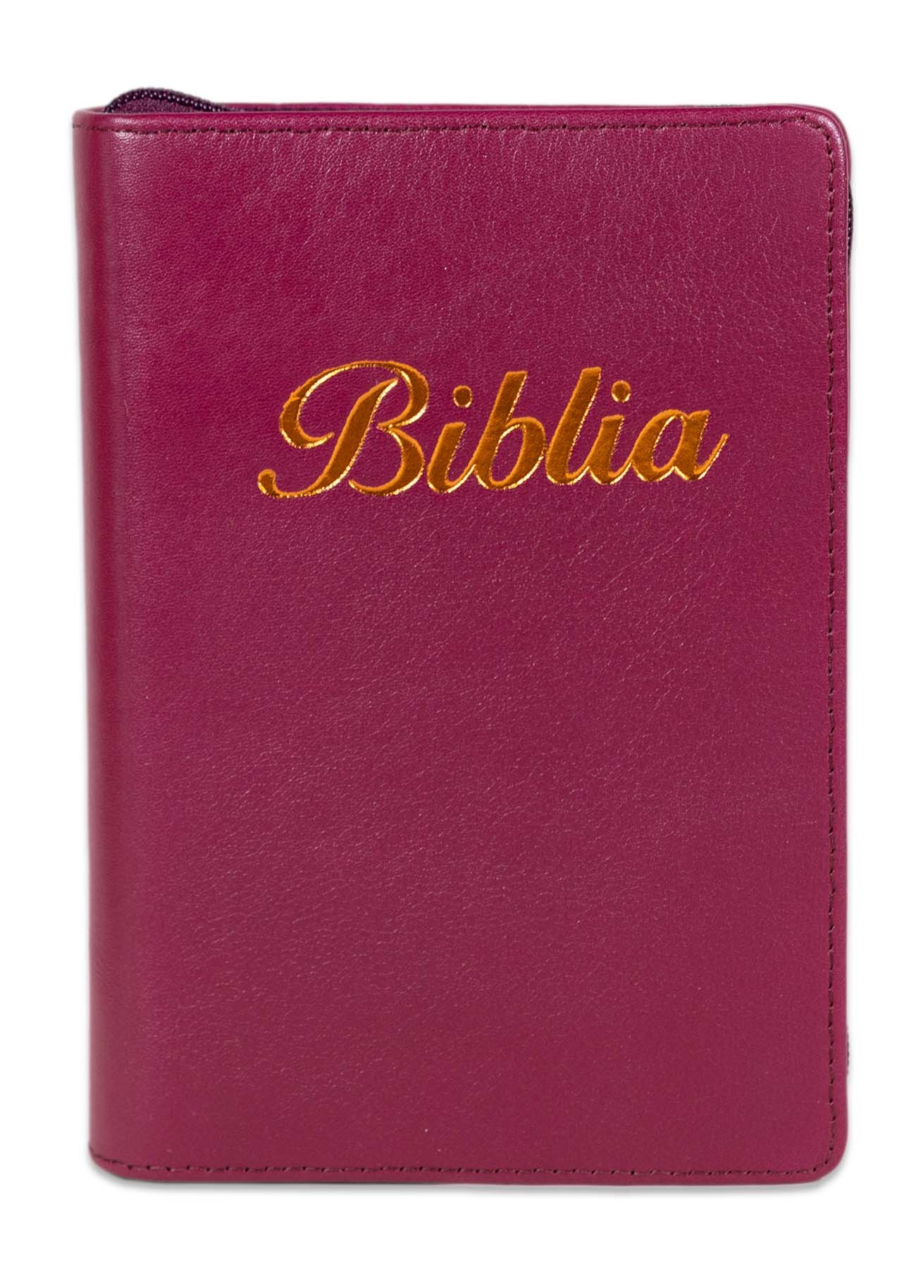 Biblia marime mica, visiniu, piele, fermoar, margini argintii, index, cuv. lui Isus cu rosu [047 PFI]