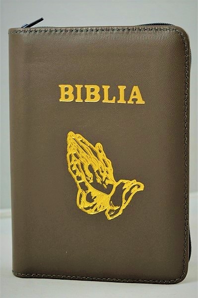 Biblia format mic, din piele, culoare bronz sidef, index, fermoar, margini argintii, simbol maini, cuv. lui Isus in rosu [047 PFI]