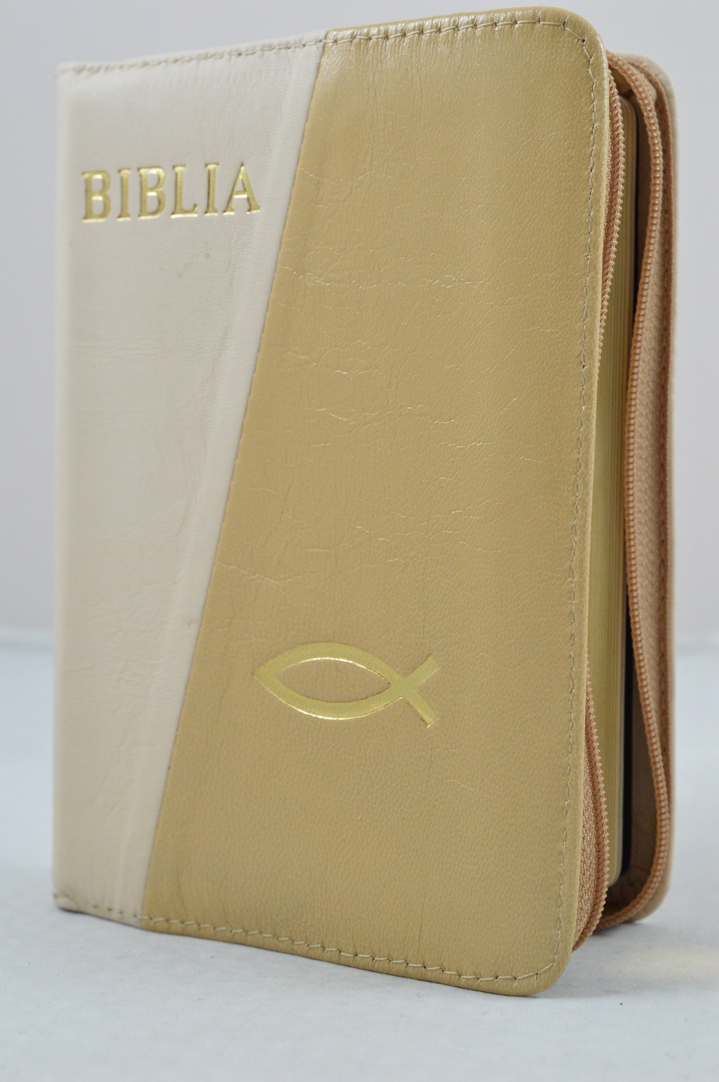 Biblie din piele, dimensiune mica, crem/bej, , simbol peste, cuv. lui Isus in rosu [043 A]
