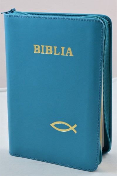 Biblia din piele, medie, verde turcoaz, fermoar, aurita, simbolul peste, cuv. lui Isus cu rosu [052]