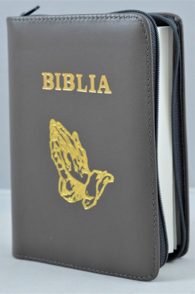 Biblie din piele, mica, culoare gri, fermoar, margini albe,simbol maini in ruga, cuv. lui Isus in rosu [043 PF]