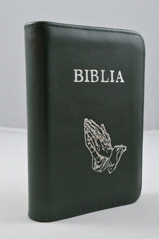 Biblia format mic, din piele, culoare verde inchis, index, fermoar, margini argintii, simbol - maini in ruga, cuv. lui Isus in rosu [047 PFI]