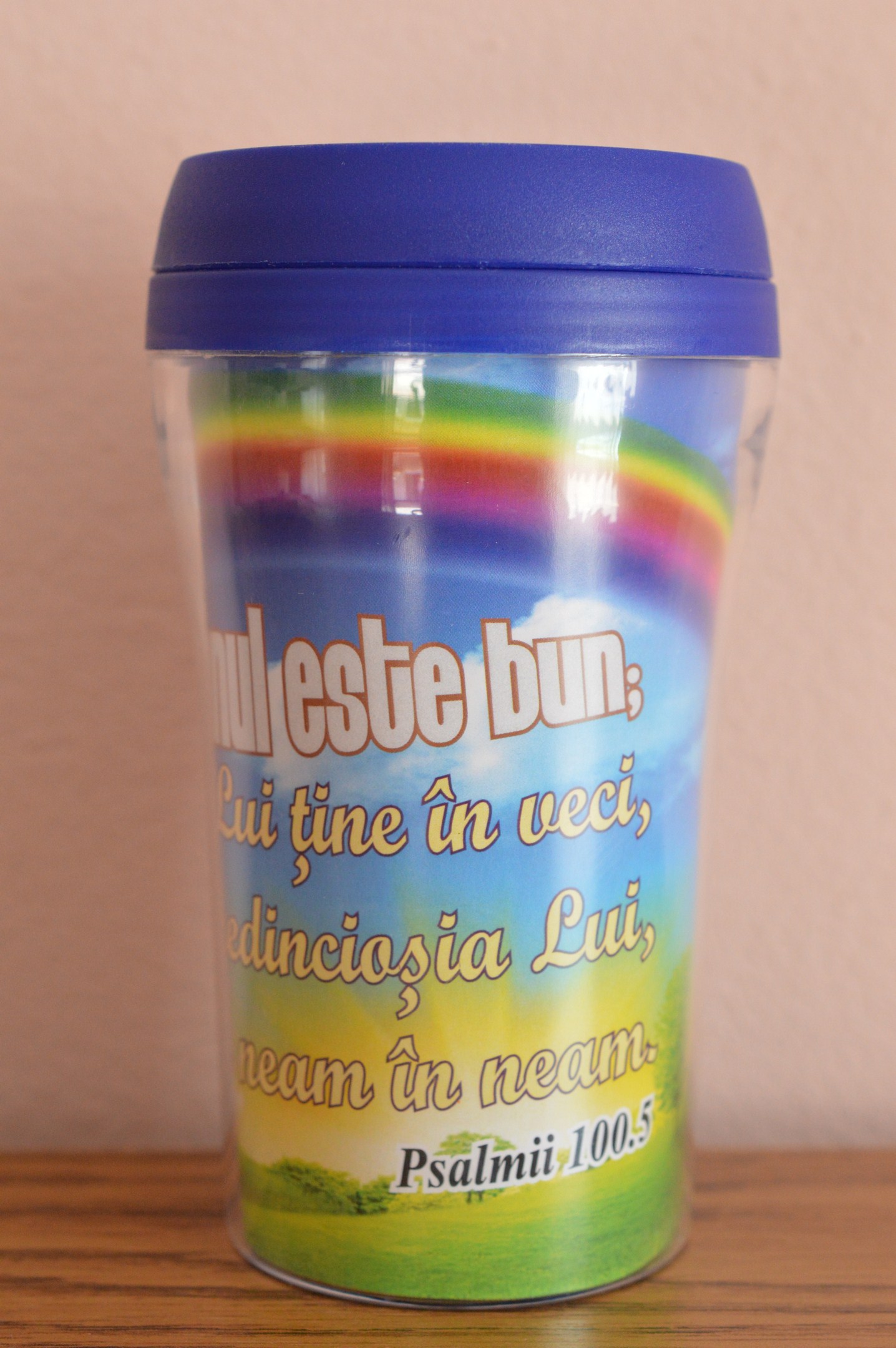 Cana termoizolanta -  Domnul este bun (9x17cm) albastru Cana termoizolanta -  Domnul este bun (9x17cm) albastru