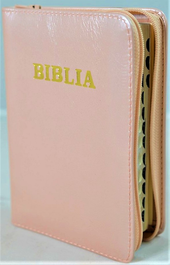 Biblia format mic, din piele, culoare nuanta crem-roz sidefat , index, fermoar, margini argintii, cuv. lui Isus in rosu [047 PFI]