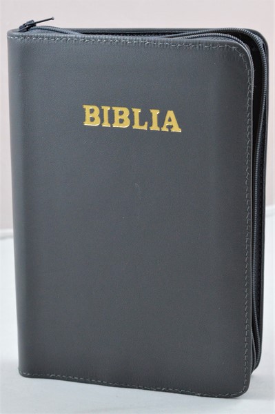 Biblia din piele, medie, gri, fermoar, aurita, cuv. lui Isus cu rosu [052]