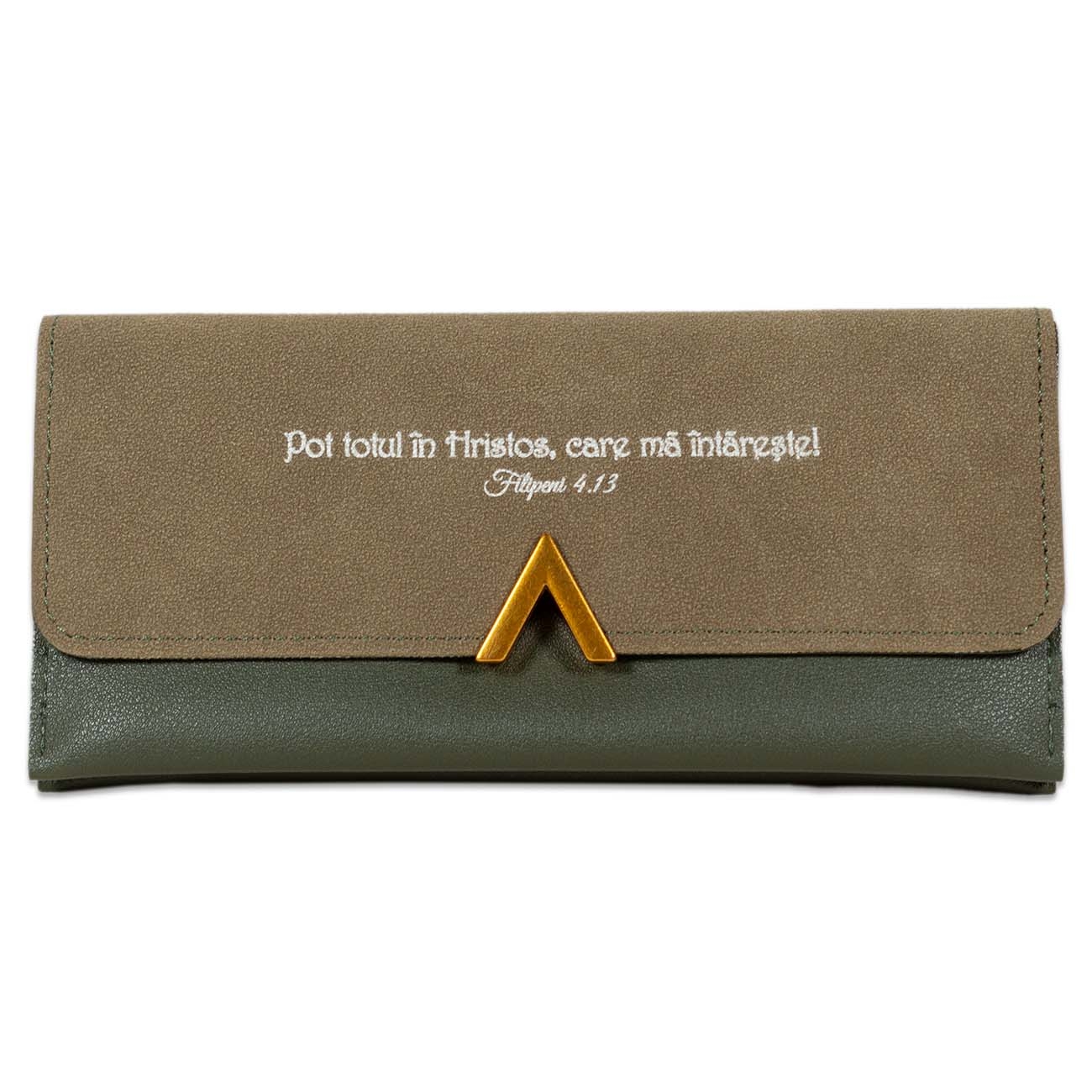 Portofel damă, verde, cu capsa - "Pot totul in Hristos, care ma intareste!" Portofel damă, verde, cu capsa - "Pot totul in Hristos, care ma intareste!"