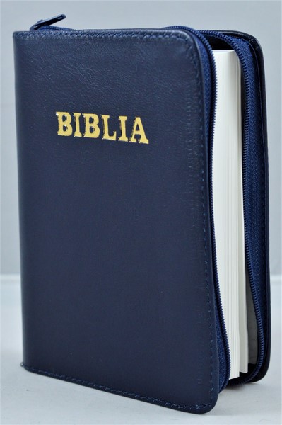 Biblie din piele, mica, bleumarin, fermoar, margini albe, cuv. lui Isus in rosu [043 PF]