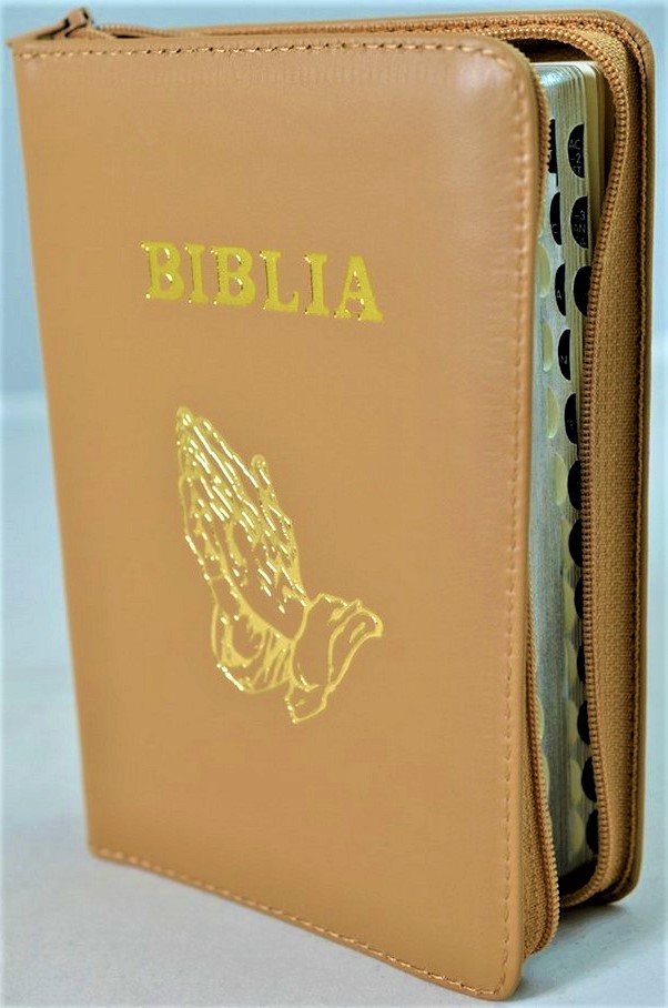 Biblia format mic, din piele, culoare nuanta maro, index, fermoar, margini argintii, simbolul maini in ruga, cuv. lui Isus in rosu [047 PFI]