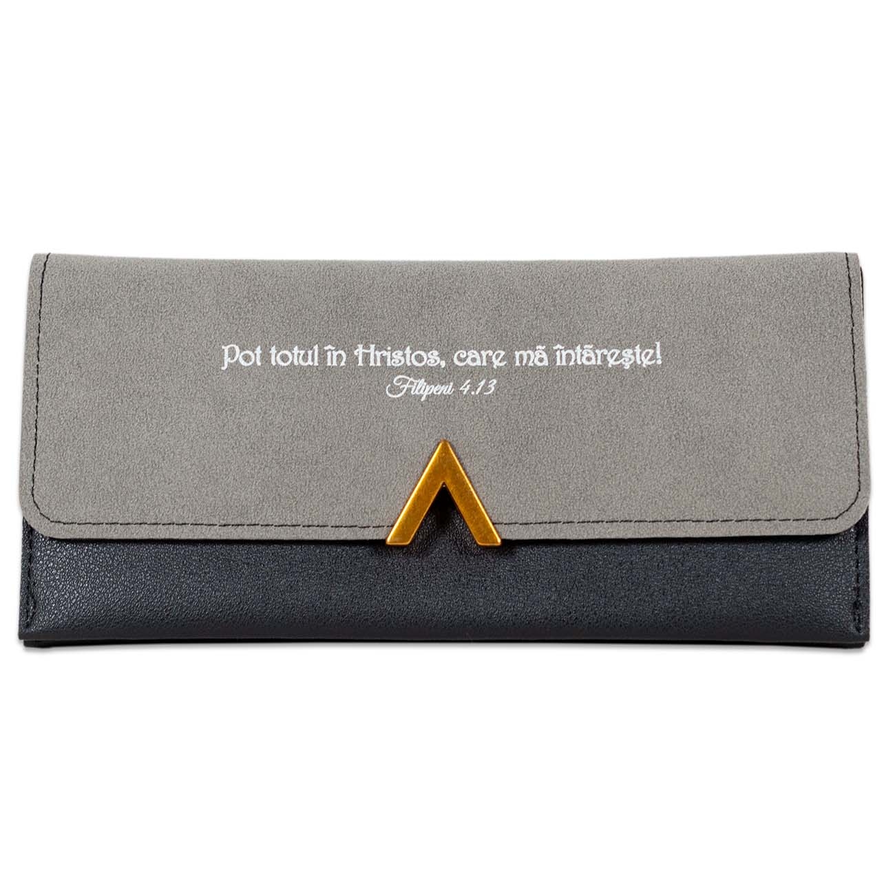 Portofel damă, gri, cu capsa - "Pot totul in Hristos, care ma intareste!" Portofel damă, gri, cu capsa - "Pot totul in Hristos, care ma intareste!"