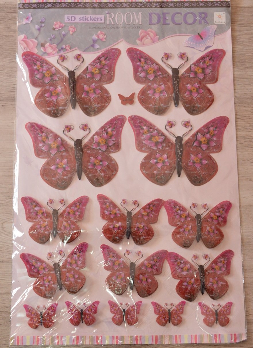 Fluturi decorativi 5D (set 15 buc) visiniu cu floricele Fluturi decorativi 5D (set 15 buc) visiniu cu floricele