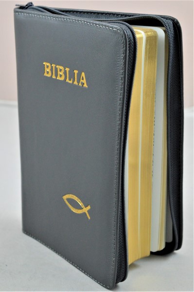 Biblia din piele, medie, gri, fermoar, aurita, simbol peste, cuv. lui Isus cu rosu [052]