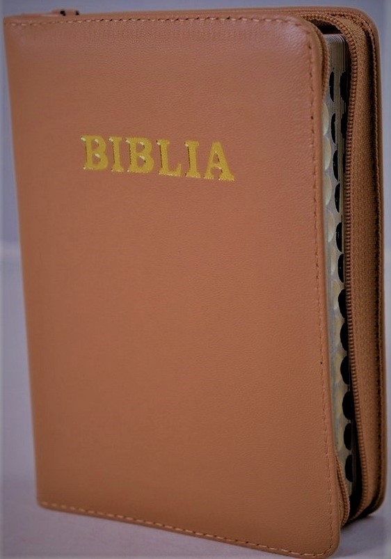 Biblia mica, coperta piele, culoare, crem închis, index, fermoar, margini aurii, cuv. lui Isus in rosu [047 PFI]