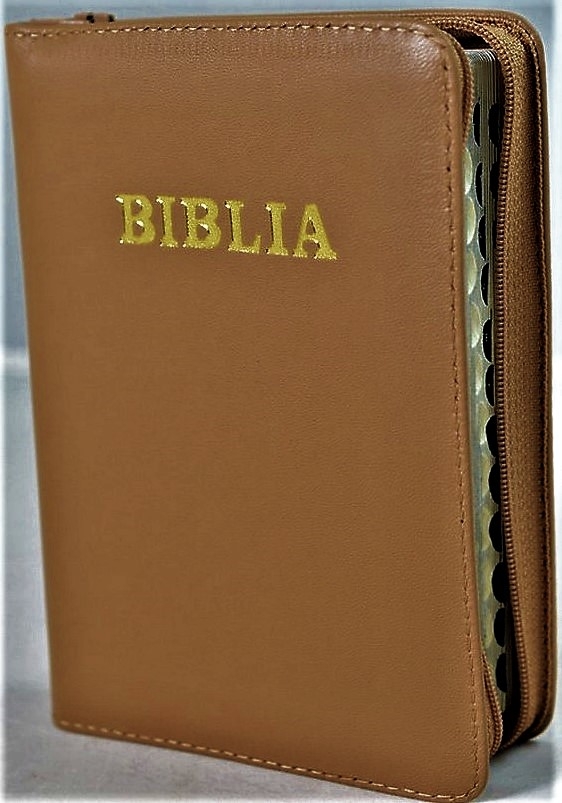 Biblia format mic, din piele, culoare,  maro,  index, fermoar, margini argintii, cuv. lui Isus in rosu [047 PFI]