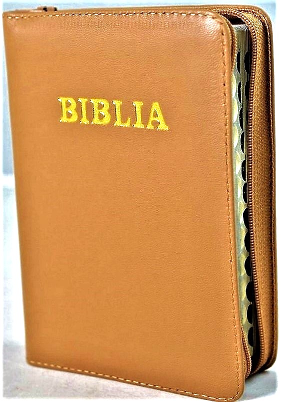 Biblie mare, piele, culoare maro muștar, fermoar, index, margini aurii, simbol simpla, cuv. Isus cu rosu [SI 073 PFI]