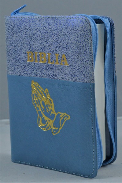 Biblie din piele, mica, alb cu albastru metalizat/albastru deschis, fermoar, margini albe, simbolul maini in ruga, cuv. lui Isus in rosu [043 PF]
