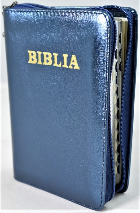 Biblia format mic, din piele, culoare bleumarin sidefat, index, fermoar, margini argintii, cuv. lui Isus in rosu [047 PFI]