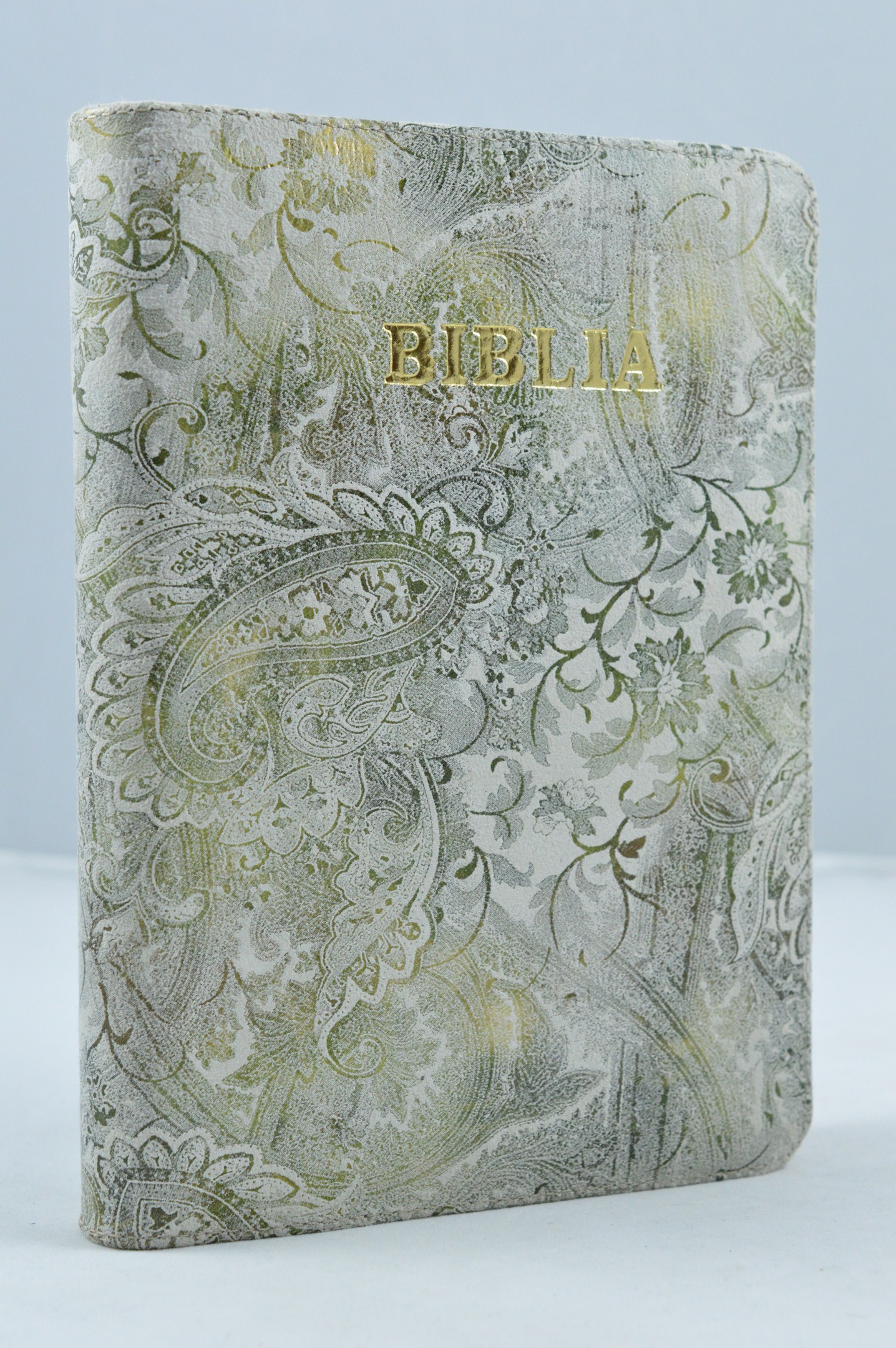 Biblia din piele, marime medie, crem cu imprimeu verde, fermoar, margini aurite,, cuv. lui Isus cu rosu [052]