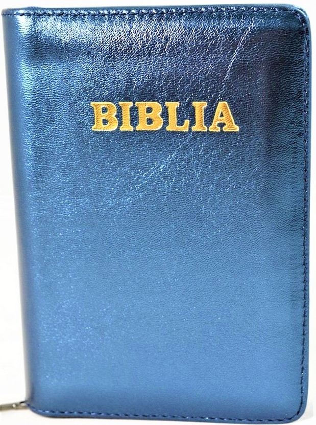 Biblie din piele,marime mica, culoare bleumarin sidefat, fermoar, margini albe, cuv. lui Isus in rosu [043 PF]