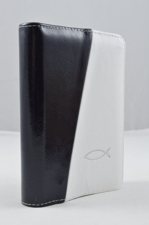 Biblia format mic, din piele, culoare negru / alb, index, fermoar, margini argintii, simbol - peste, cuv. lui Isus in rosu [047 PFI]