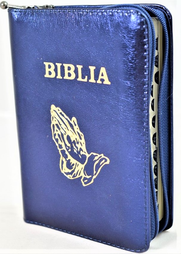 Biblia format mic, din piele, culoare bleumarin sidefat, index, fermoar, margini argintii, simbolul maini in ruga, cuv. lui Isus in rosu [047 PFI]