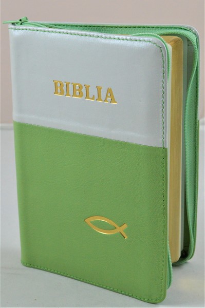 Biblia din piele, medie, alb/verde, fermoar, aurita, simbol peste, cuv. lui Isus cu rosu [052]