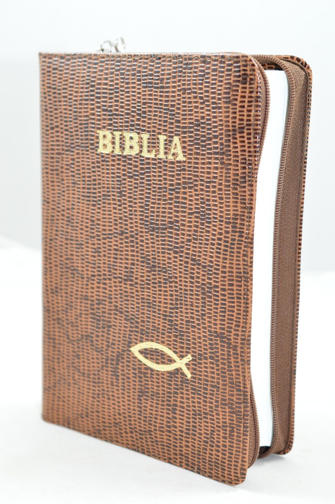 Biblia din piele, marime medie, culoare maro texturat, fermoar, simbol peste, cuv. lui Isus cu rosu [053]