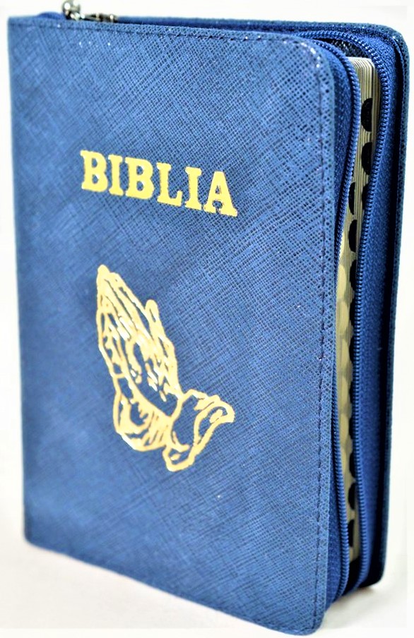 Biblia format mic, din piele, culoare bleumarin texturat, index, fermoar, margini argintii, simbolul maini in ruga, cuv. lui Isus in rosu [047 PFI]