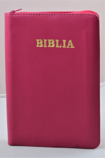 Biblia din piele, marime medie, roz inchis, fermoar, cuv. lui Isus cu rosu [053]
