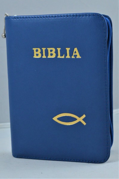 Biblie din piele, mica, albastru inchis, fermoar, margini albe, simbolul peste, cuv. lui Isus in rosu [043 PF]