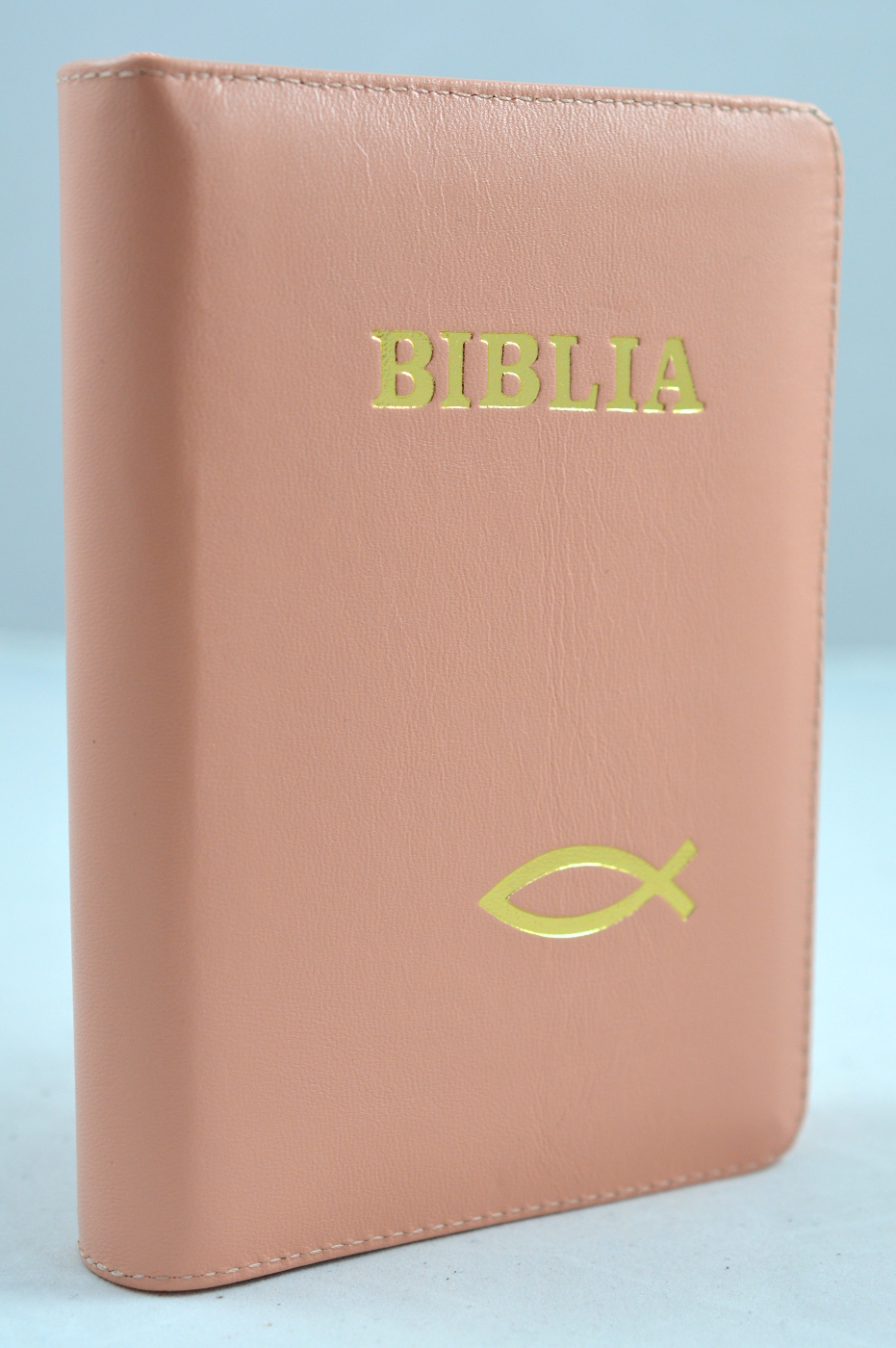 Biblie din piele, mica, roz pal, fermoar, margini albe, simbol peste, cuv. lui Isus in rosu [043 PF]