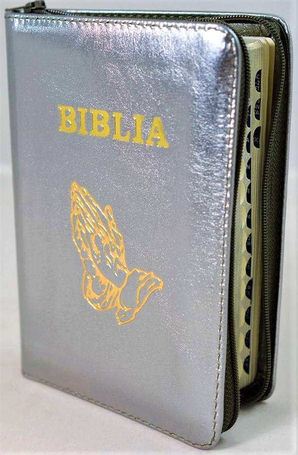 Biblia format mic, din piele, culoare nuanta olive sidefat, index, fermoar, margini argintii, simbolul maini in ruga, cuv. lui Isus in rosu [047 PFI]