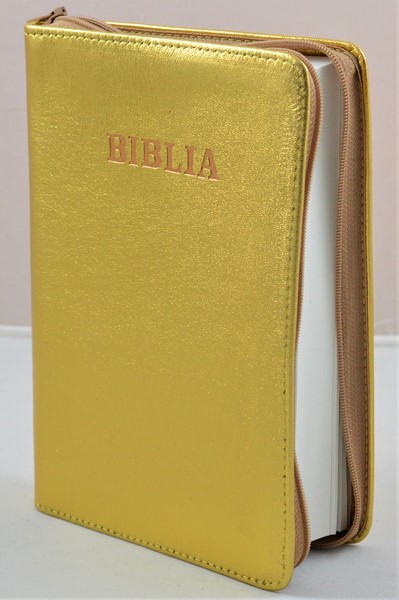 Biblia din piele, marime medie, auriu sidefat, fermoar, cuv. lui Isus cu rosu [053]