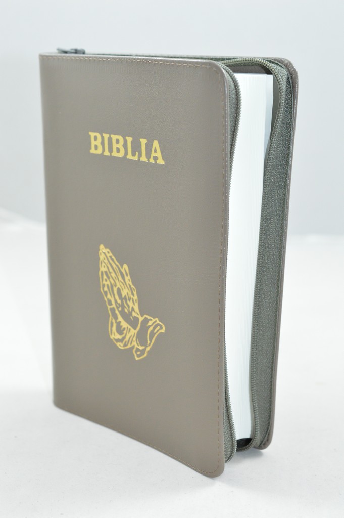 Biblia din piele, marime medie,culoare nuanta kaki, fermoar, simbol maini, cuv. lui Isus cu rosu [053]