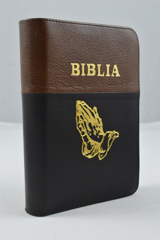 Biblia format mic, din piele, culoare maro - negru, index, fermoar, margini aurii, simbol - maini in ruga, cuv. lui Isus in rosu [047 PFI]
